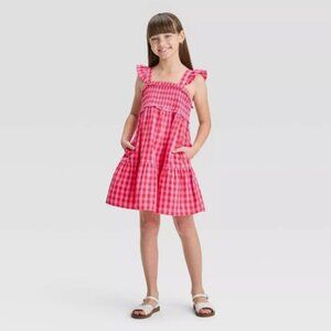 Girls Size Large 10/12 Flutter Sleeve Woven Dress - Cat & Jack Bright Pink Plaid